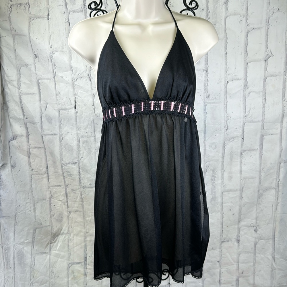 Van Raalte Vintage Halter Negligee Black Sheer Side Tie Banded Empire Waist